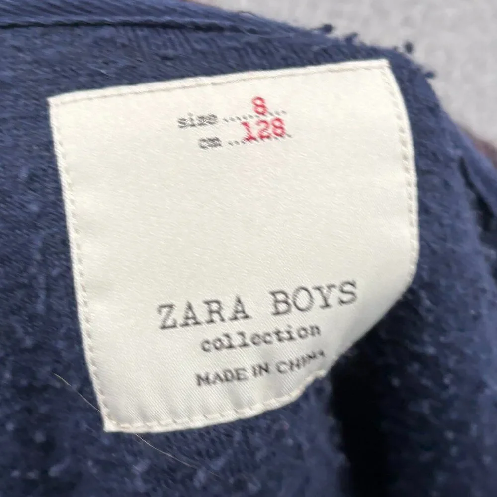 Zara Boys Sherpa Bomber Jacket size 8 navy blue brown trim